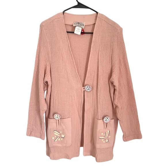Vtg Pink Waffle Knit Cotton Cardigan Jacket Gauze L Art to Wear Teacher USA Made - Picture 1 of 8
